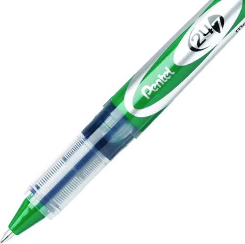 Vista 3 de Pentel Bolígrafo con rodillo 24/7, línea media, tinta verde, caja de 12 unidades (BLD97-D)