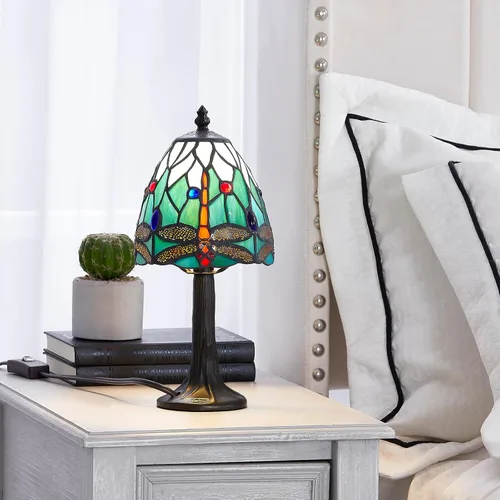 Vista 5 de Lámpara de mesa con diseño de libélula, pequeña lámpara de mesa estilo Tiffany Rsbrillialite Small Tiffany Lamp, Dragonfly Stained Glass Table