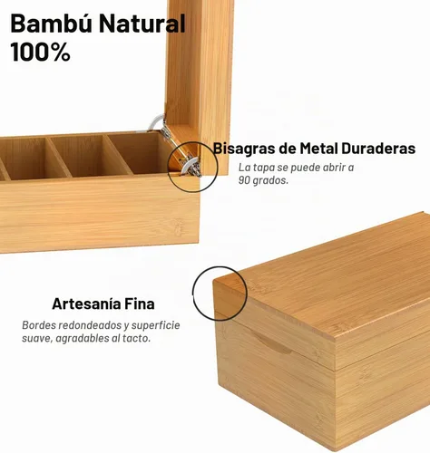 Vista 2 de Neando Portatarjetas de índice de bambú para tarjetas de 3 x 5 – Organizador de madera con tapa, 4 compartimentos, capacidad para 600 tarjetas