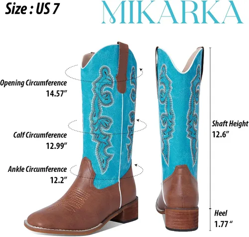 Vista 5 de mikarka Square Toe Cowboy Boots for Women Embroidery Mid Chunky Heel Mid-Calf Western Cowgirl Boot wPull On Taps