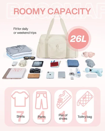 Vista 3 de BAGSMART Bolsa de fin de semana para mujer, bolsa de viaje con bolsa de zapatos para viajes, 26L para el aeropuerto, bolsa de mano para gimnasio