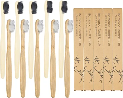 Vista 15 de SEVENHEAD 10 cepillos de dientes de bambú cerdas suaves de madera para adultos, cepillos de dientes naturales biodegradables libres de BPA