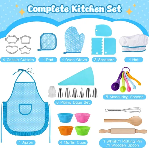 Vista 6 de LovesTown Juegos de Cocina y Horneado para Niños, 32 Piezas Accesorios de Cocina de Juguete Juguetes de Juego de Simulación para Cumpleaños de Niños