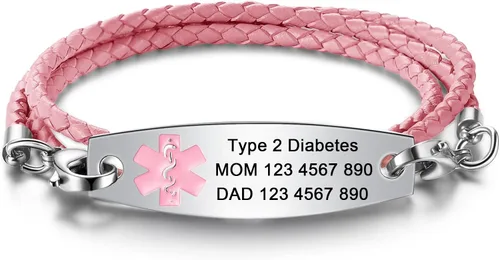 Vista 8 de JF.JEWELRY Pulseras de alerta médica personalizadas personalizadas para mujeres y hombres 3 capas de cuero trenzado negro pulseras médicas