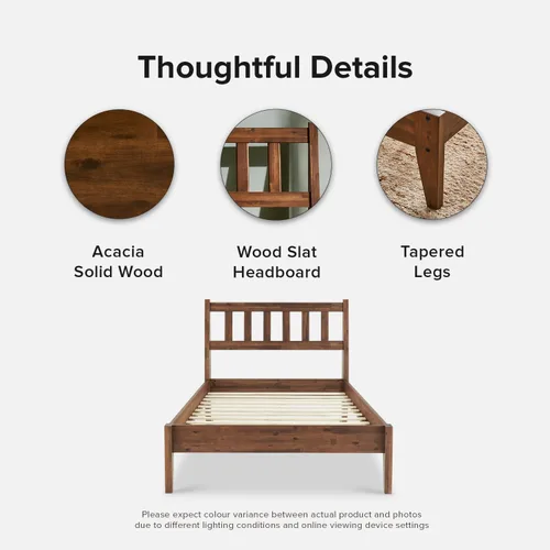 Vista 4 de mopio Ted - Marco de cama con cabecero, marco de cama de plataforma de madera maciza de acacia moderna de mediados de siglo, listones de madera, sin