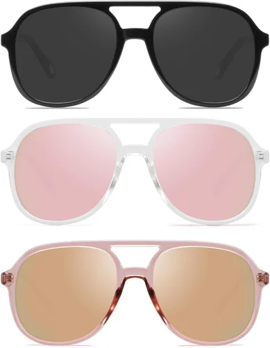 Vista 6 de YDAOWKN Retro Aviator Sunglasses for Womens Mens 70s Double Bridge Sunnies 2 Tintes Negro/Gris+Negro/Amarillo