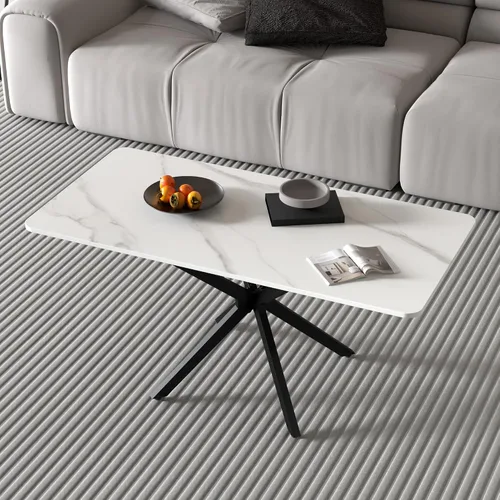 Vista 4 de GOLDFAN Mesa de centro rectangular de mármol blanco, moderna, de 40 pulgadas, con patas de metal negro, elegante mesa central para sala de estar