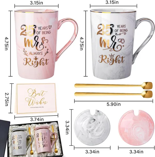 Vista 4 de Biching Regalos de Boda del 25º Aniversario, 25 Años de Ser Mr Right & Mrs Always Right Taza de Café Regalos para Parejas Padres Mujeres Hombres