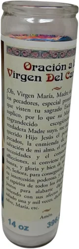 Vista 9 de Virgen del Carmen veladora de rezo sin fragancia 14 oz Vaso Grande UNA pieza Vela de oración de una pieza 14 oz de vidrio alto oración al reverso