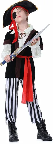 Vista 4 de Disfraz de pirata para niños con sombrero de pirata, parche de ojos, disfraz de pirata para niños, disfraz de cosplay para Halloween, fiesta