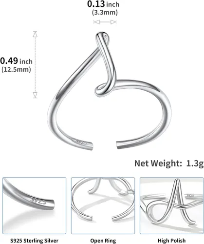 Vista 4 de SILVERCUTE S925 Initial Rings, Adjustable Size 6-12 Statement Alphabet Letter A-Z Jewelry Personalized Twisted Initials Rings Sterling Silver