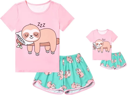 Vista 8 de QPANCY - Conjunto de pijamas a juego para niñas y muñecas con diseño de unicornio, ropa de dormir de algodón para el verano