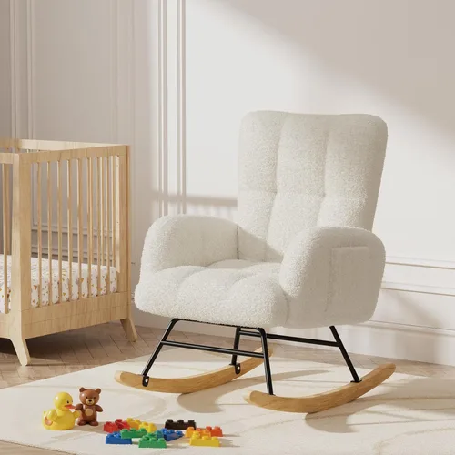 Vista 3 de LUCKLIFE Mecedora para guardería, silla mecedora tapizada de peluche con respaldo alto, silla de lectura, sillas mecedoras modernas con bolsillos