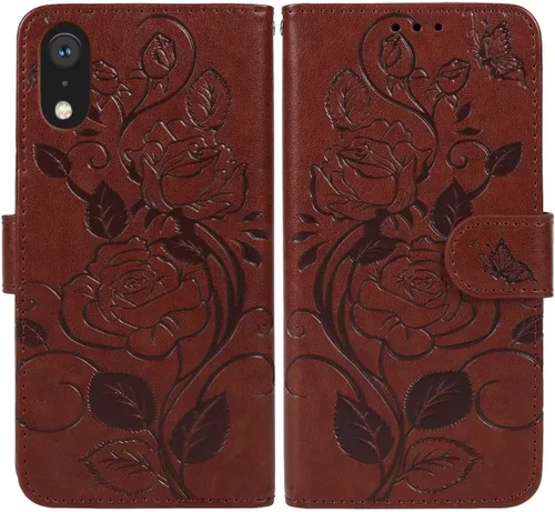 Vista 4 de Funda tipo cartera para iPhone XR con protector de pantalla de vidrio templado, funda de cuero con diseño de flores para tarjeta de crédito