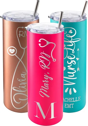 Vista 8 de Regalos de enfermera para mujeres, vaso personalizado para enfermera con nombre y especialidad, 20 onzas flacas, blanco, 8 diseños, con cepillo