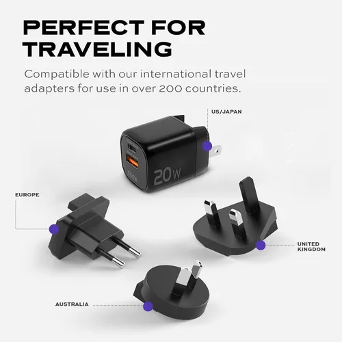 Vista 6 de STATIK Adaptador de corriente GaN de carga rápida - 20 W Dual USB C y USB - Cargador compacto plegable para iPhone, iPad, Samsung, Pixel