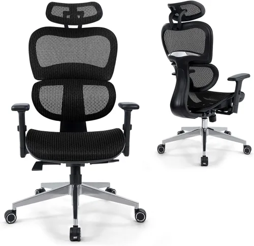 Vista 11 de CAPHAUS Silla de oficina ergonómica abatible, silla de escritorio acolchada de malla transpirable, soporte lumbar, silla giratoria con ruedas