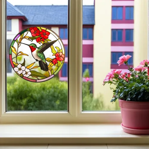 Vista 5 de VOSAREA Adhesivo para ventana de vitrales, diseños de colibríes y pájaros, calcomanías anticolisión, vinilo no adhesivo