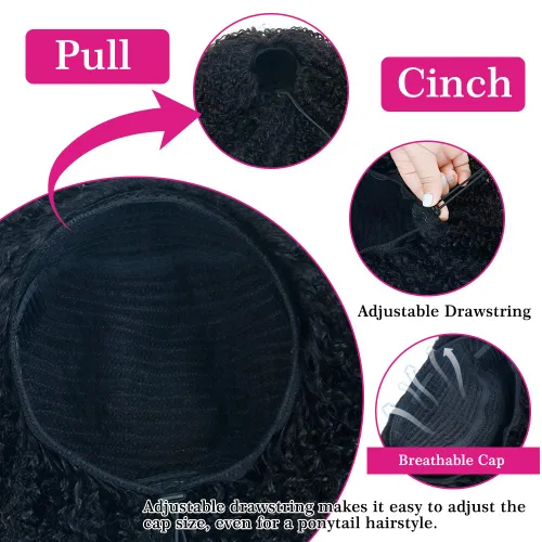 Vista 7 de Wear & Go Pelucas de cabello humano afro rizado sin pegamento, media peluca para mujeres negras, sin costuras, rizado, corte Bob Pixie, peluca