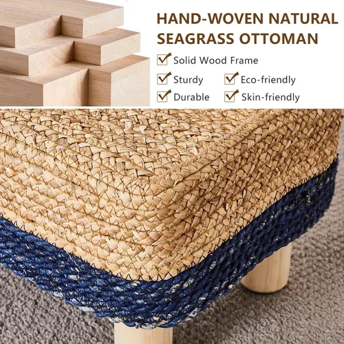 Vista 4 de Cpintltr Taburete otomano rectangular, reposapiés, otomano, reposapiés natural de algas marinas con patas de madera, taburete tejido a mano