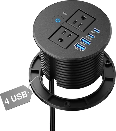 Vista 9 de Ojal de alimentación de escritorio USB-C PD 65W, 2 tomacorrientes 4 puertos Negro USB-C 65W