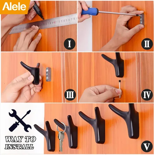 Vista 6 de Alele 2 ganchos de cuerno negros montados en la pared, ganchos de doble pared de metal resistente para colgar abrigos, toallas, sombreros, etc.