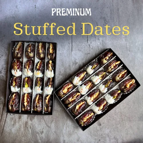 Vista 7 de Caja de regalo Medjool Dates - Nueces rellenas y chocolate cubierto Oro comestible y azafrán adornado