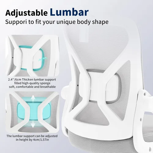 Vista 5 de Silla de Oficina, Silla de Escritorio Ergonómica con Soporte Lumbar Ajustable, Silla de Oficina Gris de 400 Libras Silla de Computadora de Malla