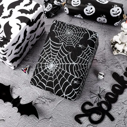 Vista 4 de Whaline Papel de seda de Halloween de calabaza en blanco y negro, 13.8 x 19.7 pulgadas, papel decorativo de regalo para Halloween, truco y trato