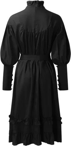 Vista 5 de Vestido gótico negro para mujer, vestido Lolita de manga abombada, vestido victoriano corto con volantes, vestido de té renacentista