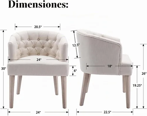 Vista 2 de LukeAlon Juego de 2 sillas de comedor de lino con brazo copetudo, color Beige