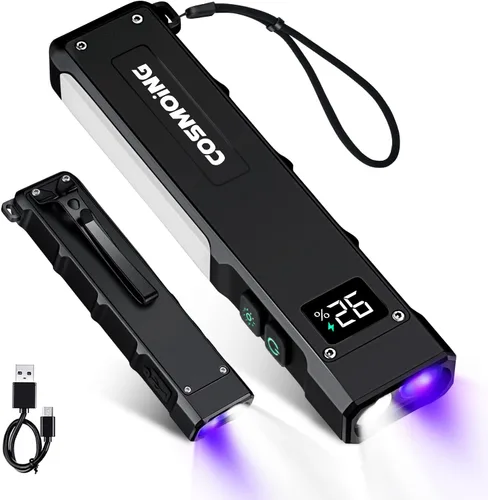 Vista 7 de Linterna EDC recargable, linterna plana de 1800 lúmenes, 9 modos con modos LED blanco/UV/RGB, luces de bolsillo magnético con clip para campamento