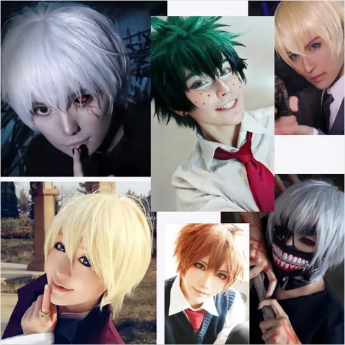 Vista 2 de Pelucas de pelo sintético lacio, corto y esponjoso. Para fiestas de cosplay, anime peluca con pelo despeinado y puntiagudo, para hombre y mujer