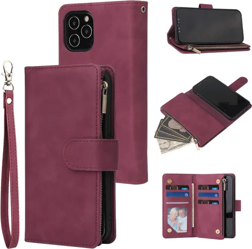 Vista 11 de UEEBAI Funda tipo cartera para iPhone 12 Mini, piel sintética, cierre magnético, correa de mano, múltiples ranuras para tarjetas, soporte de Marrón
