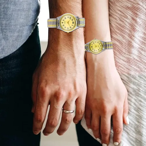 Vista 2 de Lancardo Reloj de banda elástica para mujer cuarzo fácil de leer número arábigo esfera redonda banda elástica reloj de pulsera plata oro