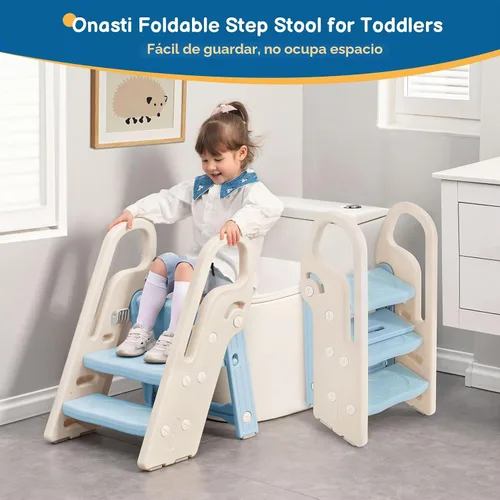 Vista 3 de Onasti Taburete plegable para niños pequeños para lavabo de baño, taburete ajustable de 3 pasos para niños, taburete de entrenamiento para orinal