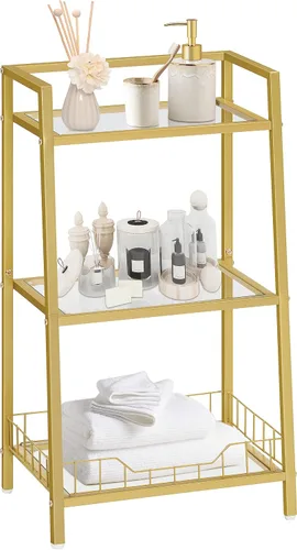 Vista 9 de HOOBRO Soporte de estante de vidrio dorado, unidad de estante de pie de 3 niveles, organizador y almacenamiento de baño, estantes de almacenamiento