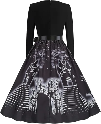 Vista 4 de Vestido de Halloween para mujer 2022 con cuello en V y cremallera de manga larga con panel