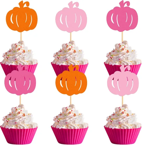 Vista 20 de 24 adornos para cupcakes de calabaza con purpurina, decoraciones de baby shower, tema de cosecha de otoño, suministros para fiestas de cumpleaños