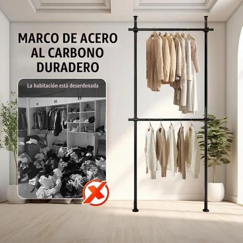 Vista 5 de Perchero de doble barra resistente, perchero ajustable de piso a techo, 2 barras transversales de 220 libras de capacidad cada una, acero al carbono