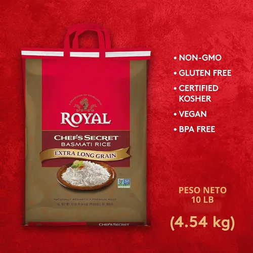 Vista 3 de Arroz Basmati Royal Chef's Secret en grano, extra largo, de 10 libras Premium Extra Long Grain Rice - Perfect for Biryanis, Pilafs, Pulao &