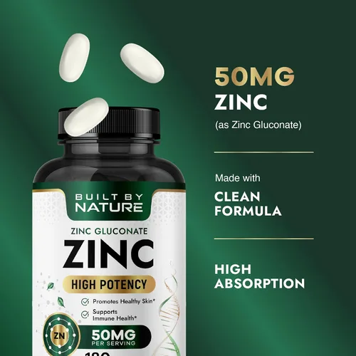 Vista 3 de Built By Nature Zinc 50 mg, 180 comprimidos de gluconato de zinc, altamente absorbente, apoyo inmunológico y antioxidante, sin OMG, sin gluten