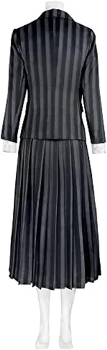 Vista 3 de Disfraz de Addams de New Wednesday 2023 para mujer, uniforme escolar a rayas, suéter de cinco piezas, traje de cosplay, carnaval, accesorios