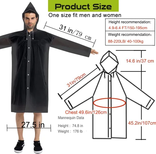 Vista 30 de Abrigos de lluvia (paquete de 2) – Ponchos de lluvia reutilizables de EVA para adultos, chaquetas impermeables para hombres y mujeres