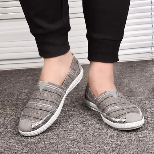 Vista 4 de Zapatos casuales para hombres y hombres, zapatos casuales de tela transpirable de lino a rayas para hombre, mocasines para hombre