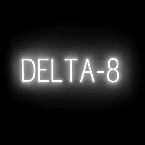 Vista 24 de SpellBrite DELTA-8 Letrero para tiendas de humo Aspecto de letrero neón Delta-8, luz LED azul 25.9 x 6.3 pulgadas