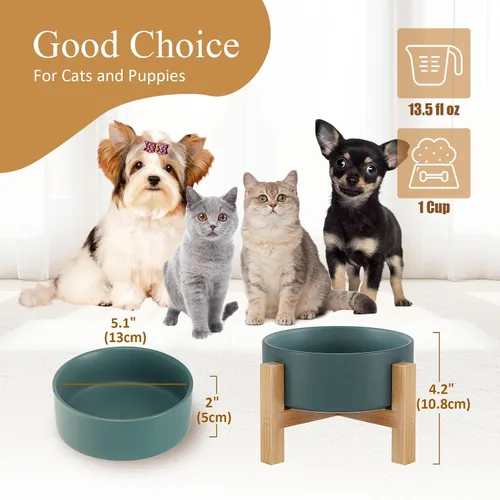 Vista 2 de Cuenco elevado de cerámica para gatos - Cuenco de comida para gatos con soporte de bambú - Plato elevado de comida para perros para cachorros - Verde