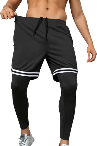 Vista 3 de SILKWORLD Pantalones de correr 2 en 1 para hombre, pantalones deportivos de compresión, leggings de entrenamiento con bolsillos con cremallera