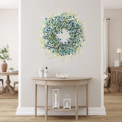 Vista 6 de Sggvecsy Corona de margaritas azules de 24 pulgadas para primavera y verano, corona floral de seda falsa con hojas de eucalipto verdes y lavanda