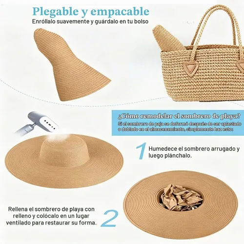 Vista 4 de Sombrero de paja de ala ancha para mujer, con protección UPF 50+ Beige